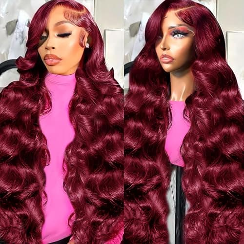 Lukymart 28 Inch 99J Burgundy Lace Front Wigs Human Hair 13x6 HD Transparent Body Wave Lace Front Wigs Pre Plucked 99j Burgundy Red Wine Glueless Human Hair Wigs for Women - Image 1