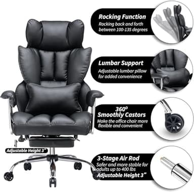 Efomao Desk Office Chair 400LBS, Big and Tall Office Chair, PU Leather Computer Chair, Executive Office Chair with Leg Rest and Lumbar Support, Black Office Chair - Image 7