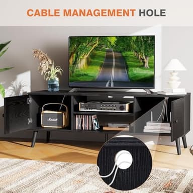 Sweetcrispy TV Stand for 55 60 inch TV, Modern Mid Century Entertainment Center with Storage, Media Console Table 2 Cabinet, Soft Hinge, Handle Door, Wooden Living Room, Office Furniture, Pure Black - Image 7