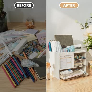 QIYVLOS Desk Organizer with 3 Drawer, Multi-Functional Pencil Pen Holder for Desk, Desk Organizers and Storage with 8 Compartments, Desktop Organizer for Office Home Art Supplies (White) - Image 3