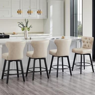 Counter Height Barstools 26 inch Upholstered Button Tufted Swivel Bar Stools with Back and Wood Legs for Kitchen Island,Set of 4,Beige-Nailhead Trim - Image 8