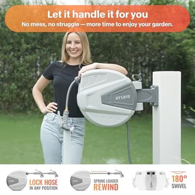 Ayleid Retractable Garden Hose Reel,1/2 in x 100 ft Wall Mounted Hose Reel, with 9- Function Sprayer Nozzle, Any Length Lock/Slow Return System/Wall Mounted/180°Swivel Bracket (Grey) - Image 5