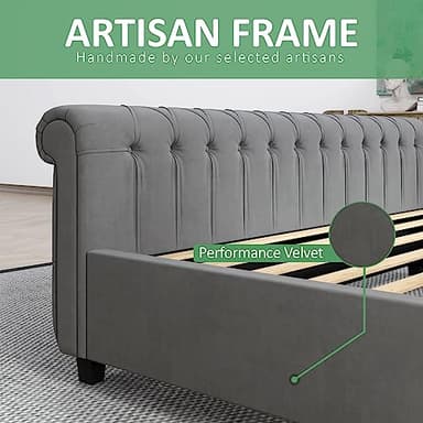 AMERLIFE Queen Size Platform Bed Frame, Velvet Upholstered Sleigh Bed with Scroll Wingback Headboard & Footboard/Button Tufted/No Box Spring Required/Grey - Image 7