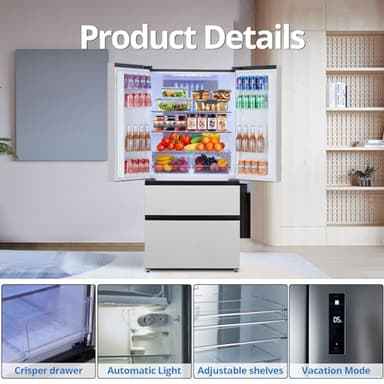 PioneerWorks French Door Refrigerator, 4 Door Full Size Deep Freezer in Stainless-Steel, 18Cu.Ft Large Capacity Refrigerator, Digital Temperature Controls Auto Defrost Suitable for Home, Silver - Image 3