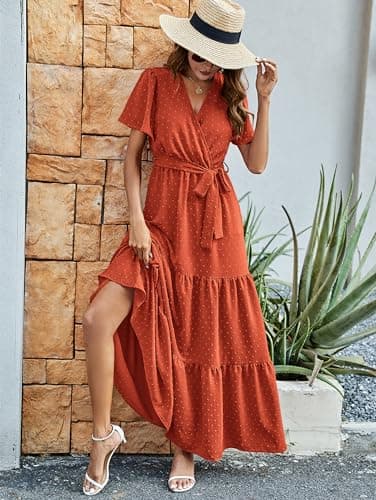 MASCOMODA Women Boho Swiss Dot Maxi Dresses Wrap V Neck Flutter Short Sleeve Solid Tie Waist A Line Tiered Flowy Long Dress(Burnt Orange,X-Large) - Image 2
