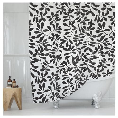 Worthwhile Goods Black and White Leaf Print Shower Curtain, B&W Minimal Floral Botanical Modern Fabric Shower Curtain 72x72 Inches (Leaves) - Image 1