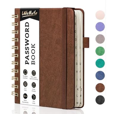 WEMATE Password Book with Alphabetical Tabs, Spiral Password Keeper Book for Seniors, Internet Password Notebook Password Journal Logbook Log in Detail, Small – 4.7''x 6'' (Brown) - Image 1