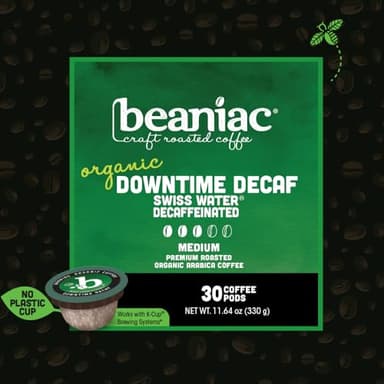 beaniac Organic Downtime Decaf Swiss Water Decaffeinated, Medium Roast, Single Serve Compostable K Cup Coffee Pods, Organic Arabica Coffee, Keurig Brewer Compatible, 30 Count - Image 2