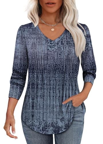 Alaroo Womens Long Sleeve Shirts 2025 Fall Winter Boho Tops Fashion Clothing Tunic Blouses Dressy Casual Pleated V Neck Print 13 XL - Image 2