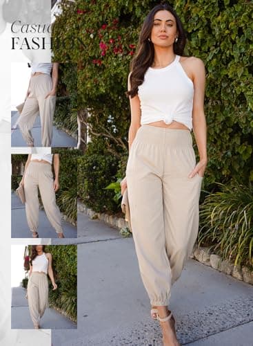 Dokotoo Teen Girls Summer Boho Flowy Pants Long High Waisted Elephant Dressy Trousers Baggy Summer Office Petite Leggings Outfits with Pockets,Pale Khaki Medium - Image 4