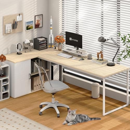 PatioPerk 71" L Shaped Executive Desk, Executive Office Desk with File Cabinet and Power Outlet, Large Computer Table with Shelves, Business Furniture Workstation for Home Office (Oak & White) - Image 1