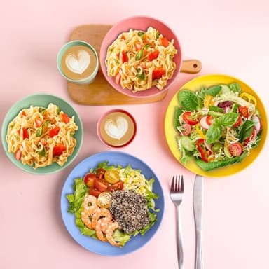 Gudvilla 32 pcs Unbreakable Lightweight Wheat Straw Dinnerware Sets for 8, Reusable Kids Plates and Bowls Sets Non Toxic, Microwave and Dishwasher Safe Plastic Dishes Set, Camping RV Picnic Dishes - Image 3