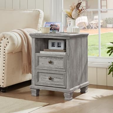SAVOR LIFE Farmhouse Nightstand Set of 2 with Charging Station, Rustic Grey Nightstand,2 Drawers End Table for Living Room,Bedside Table with Open Shelf for Bed Room,Grey - Image 6