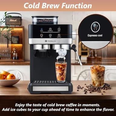 tesslux Espresso Machine with Grinder, 20 Bar Compact Espresso Maker with Milk Frother Steam Wand, Professional Coffee Machine for Home, Touch Control, Cappuccino & Latte Maker - Image 4