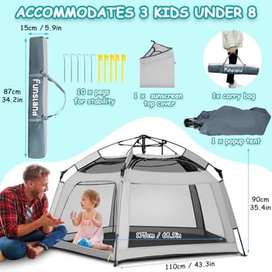 Funsland Baby Playpen Pop-up Tent - Outdoor & Indoor Play Tent for Beach with Canopy Travel Bag Portable Play Yard for Babies & Toddlers (Gray) - Image 6