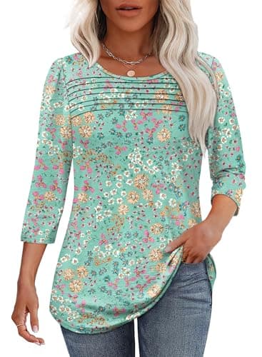 Summer Shirts for Women Oversized Tshirts Pleated Front 3/4 Length Sleeves Fashion Trendy Blouses Cute Plus Size Tops Floral Green 2XL - Image 1
