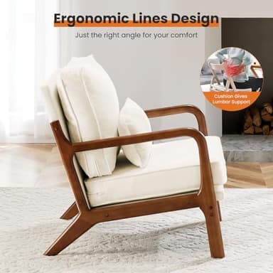 Sweetcrispy Accent Mid Century Modern Chair with Pillow, Upholstered Lounge Armchair, Linen Fabric Comfy Reading Chair with Wood Frame for Living Room, Bedroom, 1 Set, Beige - Image 7