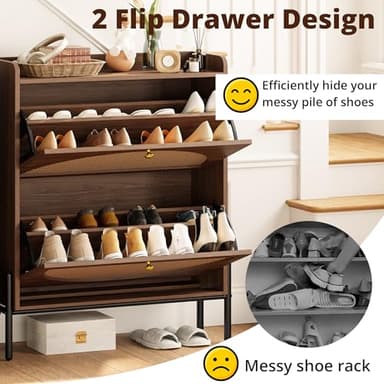 IRONCK Shoe Cabinet Storage with 2 Flip Drawers, Free Standing Wooden Shoe Storage Organizer Cabinet with Rattan Doors for Entryway, Narrow Shoe Rack Cabinet, Walnut - Image 7
