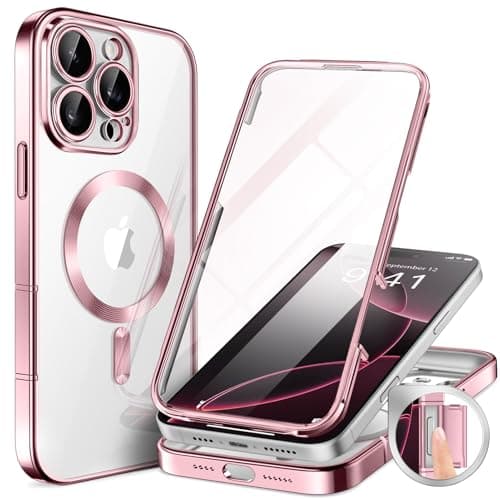 BERFY Magnetic for iPhone 16 Pro Max Case, Compatible with MagSafe, [Built-in 9H Tempered Glass Screen Protector & Upgraded Camera Protection] Full Body Plating Phone case for 16 Pro Max,Titanium Pink - Image 1