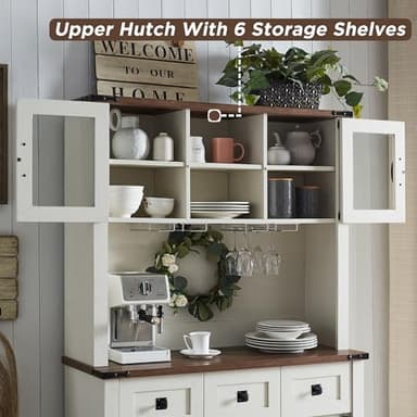 OKD 72" Farmhosue Bar Cabinet with Sliding Barn Door, Large Kitchen Buffet with Hutch w/Wine & Glasses Rack, 3 Drawers, 12 Storage Shelves, Rustic Coffee Bar Sideboard Table, Antique White - Image 5