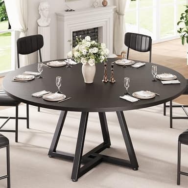 Jocoevol 51“ Round Kitchen Dining Room Table for 6-8, Circle Dining Dinner Table with Pedestal Metal Frame, Space Saving Wood Industrial Furniture for Small Space (Black, 51In) - Image 1
