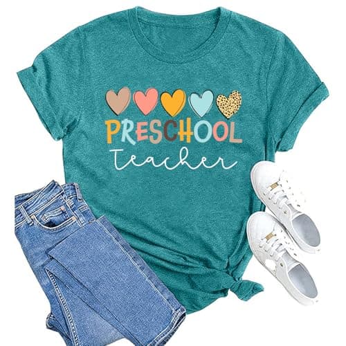 MAIHUN Womens Preschool Teacher Shirts Preschool Teacher Life Tshirt Hearts Graphic Short Sleeve - Image 1