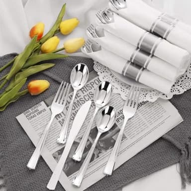 Joyido 200Guests Pre Rolled Silver Plastic Silverware Sets - Heavy Duty Silver Cutlery - Include 200 Pack Wrapped Disposable Utensils with Napkins for Parties & Dinners & Weddings - Image 6