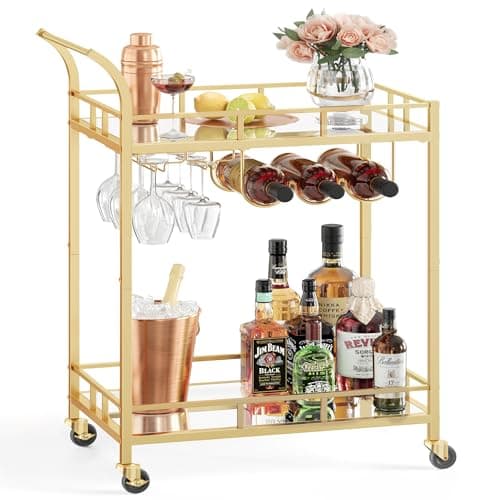 VASAGLE Bar Cart Gold, Home Bar Serving Cart, Wine Cart with 2 Mirrored Shelves, Wine Holders, Glass Holders, for Kitchen, Dining Room, Gold ULRC092A62 - Image 1