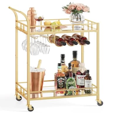 VASAGLE Bar Cart Gold, Home Bar Serving Cart, Wine Cart with 2 Mirrored Shelves, Wine Holders, Glass Holders, for Kitchen, Dining Room, Gold ULRC092A62 - Image 1