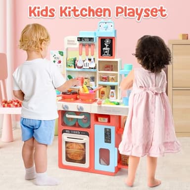 HOLYFUN Kids Kitchen Playset, Kitchen Set for Toddler with Sound and Light, Cooking Stove with Steam, Play Sink and Toy Kitchen Accessories, Pretend Kitchen Toys for Kids Girls Boys, Pink - Image 2