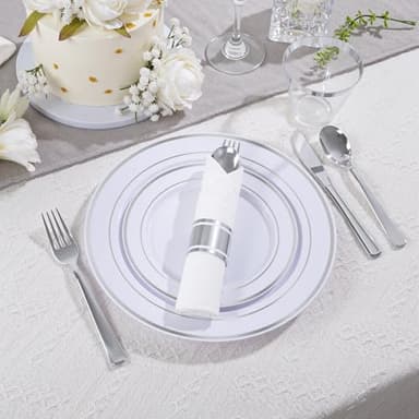 DaYammi 350PCS Silver Plastic Dinnerware Set for 50 Guests, Fancy Disposable Plates for Party, Include: 50 Dinner Plates, 50 Dessert Plates, 50 Pre Rolled Napkins with Silver Silverware, 50 Cups - Image 2