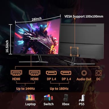 SANSUI 32-Inch Curved Gaming Monitor WQHD 2560 x 1440 180Hz Curved 1500R -Fast VA,1ms(OD), HDR, 300nits, sRGB 125%, DCI-P3 95%, FreeSync, HDMI x2, DP1.4x2(DP Cable Included) - Image 4