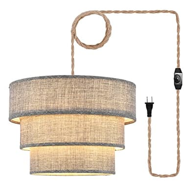 XININSUN 3-Tier Drum Plug in Pendant Light,Hanging Lamp with Dimmable Switch 15ft Hemp Rope Cord, Hanging Lights Fixture with Plug in Cord Plug in Chandelier for Bedroom Dining Room Entryway... - Image 1
