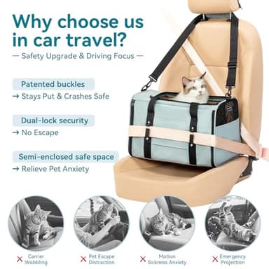 PETSFIT Soft-Sided Cat Carriers & Car Seats with Patent Safe Buckles, Clip-On Harness，18"x11"x11" Airline Approved Pet Carrier - 9 lbs Capacity (Cyan Blue) - Image 2