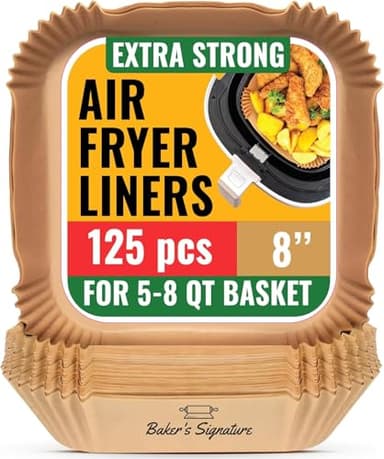 Air Fryer Paper Liners, 125Pcs Air Fryer Disposable Liners, Non-Stick and Oil Proof for Easy Cleanup, 8” Square for 5-8 qt Basket by Baker's Signature - Image 1