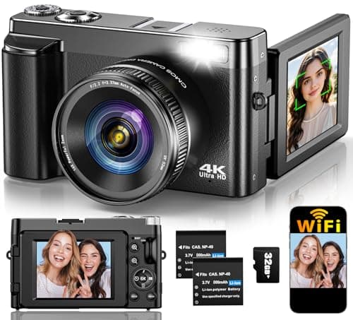 4K Digital Camera for Photography Autofocus, Upgraded 64MP WiFi Vlogging Camera for YouTube with 3" 180° Flip Screen, 16X Zoom, Compact Travel Cameras for Beginners with 32GB Card, 2 Batteries, Black - Image 1