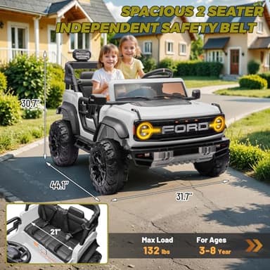 ENYOPRO 24V Ride On Toys for Big Kids, Licensed Ford Bronco Raptor 2-Seater Electric Car w/Remote Control, 21" Spacious Seat, 2x90W Powerful Motor, Spring Suspension, Bluetooth Music, 3 Speed - White - Image 6