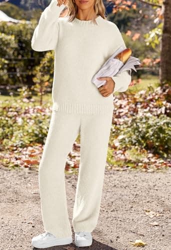 MEROKEETY Womens Pajama Sets 2025 Fall Lounge Sweater Set Cute Fuzzy Fleece 2 Piece Long Sleeve Cozy Winter Pj Outfits, Beige, Large - Image 5