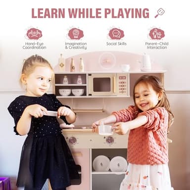 ROBUD Play Kitchen for Kids Toddlers, Wooden Play Kitchen with Realistic Accessories, Toy Kitchen Set with Plenty of Play Features, Modern Style Toy Kitchen for Girls & Boys, Gift for Ages 3+, Pink - Image 8
