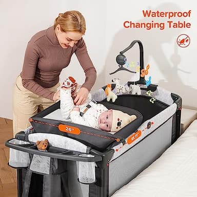 ELEMARA 4 in 1 Wide Baby Bassinet Bedside with Diaper Changer,Long Next to Bed Crib with Mattress,Sheet,Music and Blackout Cover,Playpen Travel Bed with Storage,XL Co Sleeper with 3 Adjustable Height - Image 2