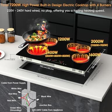 Zarbaco 30 inch Electric Cooktop 4 Burner, 7200W Built-in Stove Top Burner with Sensor Touch Control, Radiant Electric Ceramic Cooktop with Safety Lock, 9 Level Power, 99 Min Timer - Hard Wire - Image 4