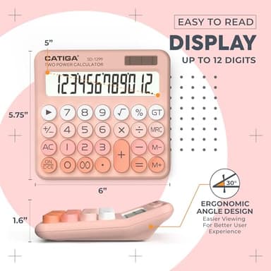 CATIGA Mechanical Switch Calculator with Solar and Battery Dual Power, 12-Digit Large LCD Display, Aesthetic and Cute Desktop Calculator with Big Button, for Home, School and Office Use, SD-1299 - Image 3