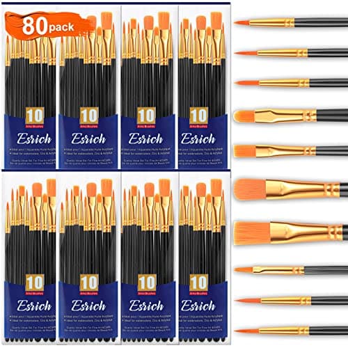 ESRICH Acrylic Paint Brushes Set,8Packs /80 Pcs Black Nylon Paintbrushes, Suitable for Acrylic Oil Watercolor Rock Body Face Nail Art,Perfect Suit of Art Painting, Best Gift for Kids Adult Drawing - Image 1