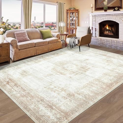 Vintage Living Room Area Rug - 6x9 Large Machine Washable Boho Moroccan Distressed Farmhouse Rugs for Bedroom - Soft Non-Slip Indoor Floor Accent Rugs for Office Dining Room (Beige, 6' x 9') - Image 1