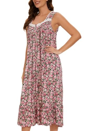 AVIIER Cotton Nightgowns for Women Sleeveless House Dress Ladies Long Nightdress with Pockets (Black Rose, Large)… - Image 4