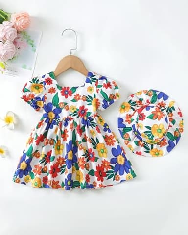 Baby Girl Clothes Summer Dress Infant Blue Floral Dressess Cute Short Sleeve Vintage Boho Beach Sundress 2 Pieces Outfit 3-6 Month Girl Clothes - Image 3