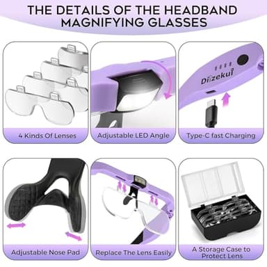 Dilzekui Magnifying Glass with Light 1.5X to 5.0X, Rechargeable Magnifying Glasses Head Magnifier, Lighted Magnify Glass with 4 Detachable Lenses, Magnifier Headset for Close Work Hobbies Jewelry - Image 6