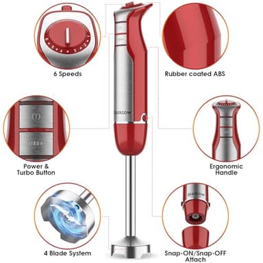 Immersion Blender Handheld for Kitchen,Emulsion Blender Handheld,6 Speed Electric Hand Mixer with BPA Free Attachments:Chopper Bowl,Whisk,Milk Frother,Measuring Cup - Image 3