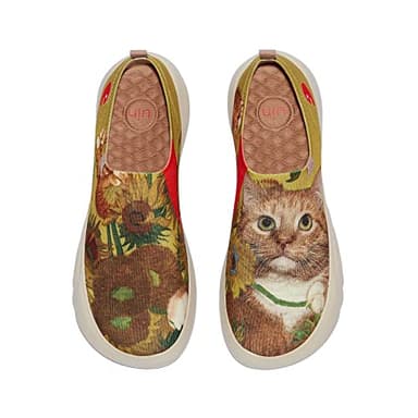 UIN x FatCatArt Collaboration Women's Art Travel Walking Shoes Slip On Casual Lightweight Fashion Sneaker Toledo ⅩⅤ Sunflowers and Cat 4 (7.5) - Image 1