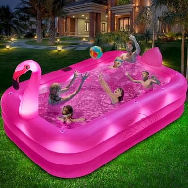 Inflatable Pool with Lights, Solar Flamingo Swimming Pool for Kids,Adults Inflatable Blow up Pool, Large Kiddie Pool,Durable Thickened Kids Pool for Backyard,Outdoor,100"X63"X20"-Bright Pink - Image 1